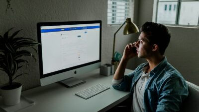 man in blue denim jacket facing turned on monitor