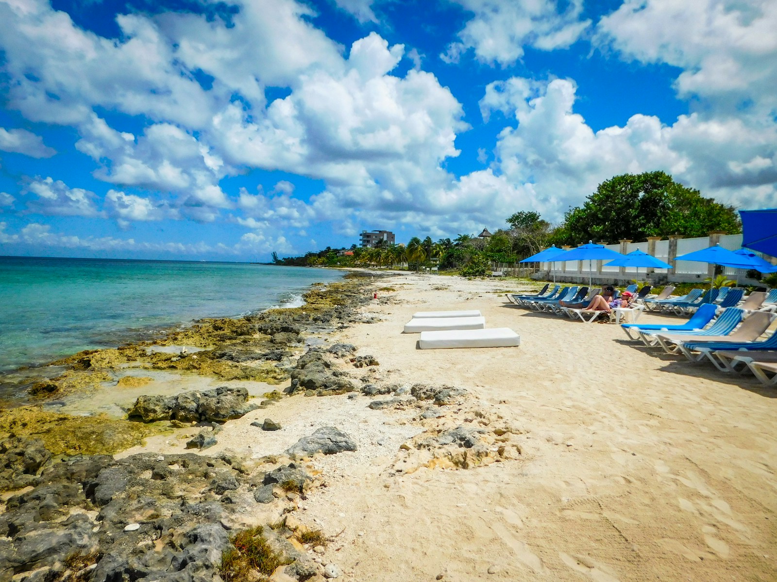 a sandy beach with lawn chairs and umbrellas